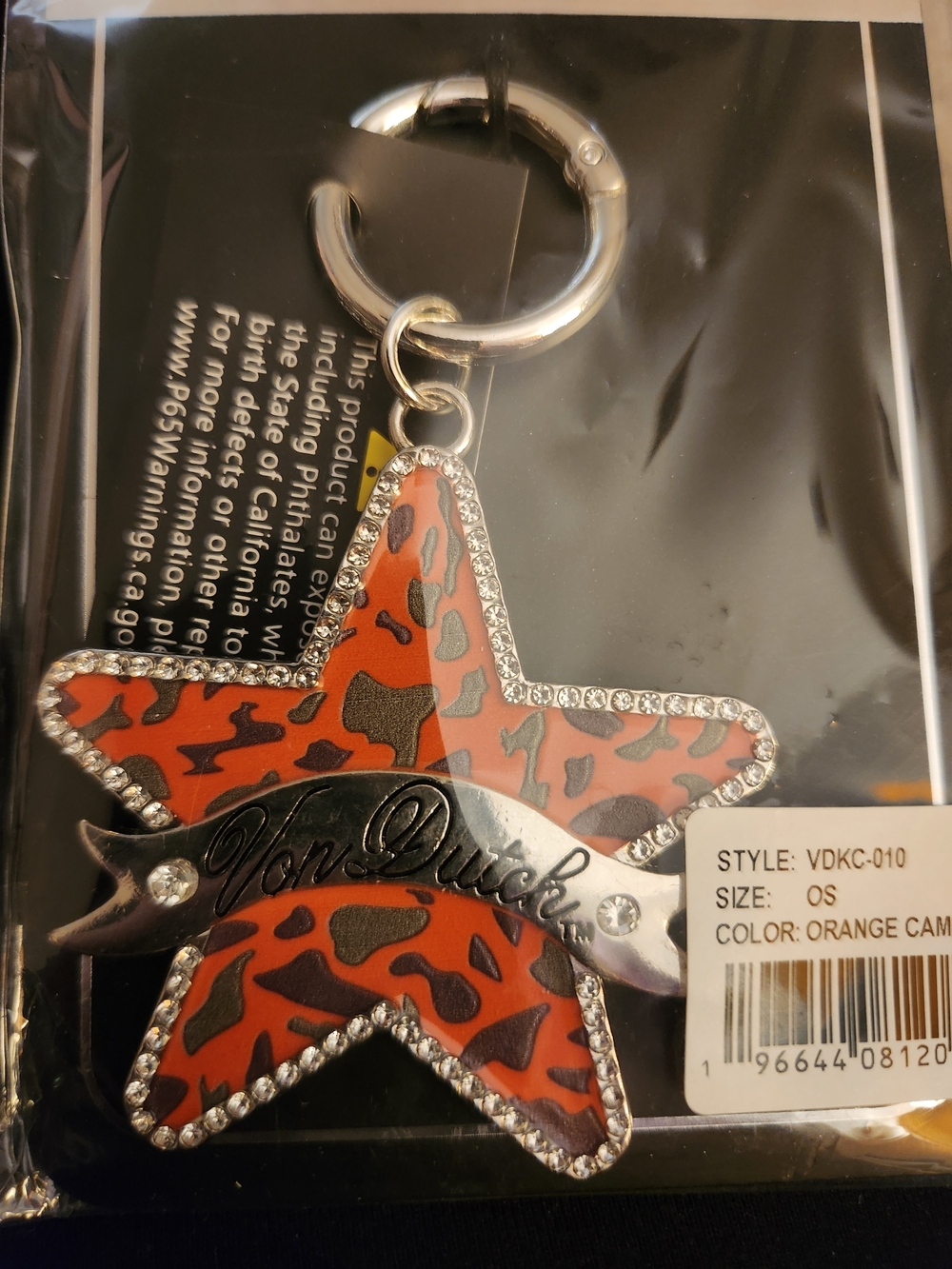 VonDutch Orange Camo Star Keychain with Rhinestones